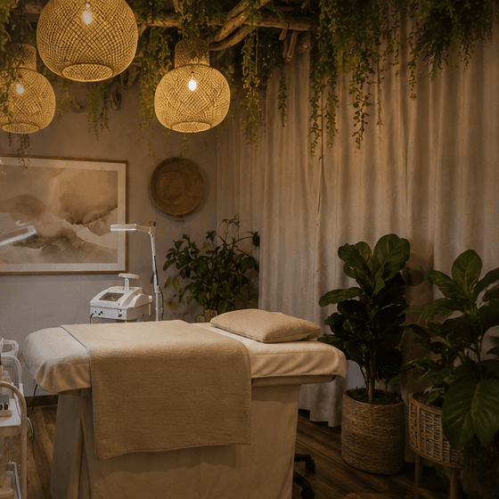 Warm esthetics treatment room with natural greenery and woven pendant lights